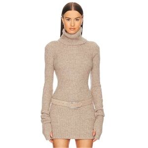 Helsa Lauren Mini Knit Turtle Mock Neck Long Sleeve Sweater Dress Beige Tan